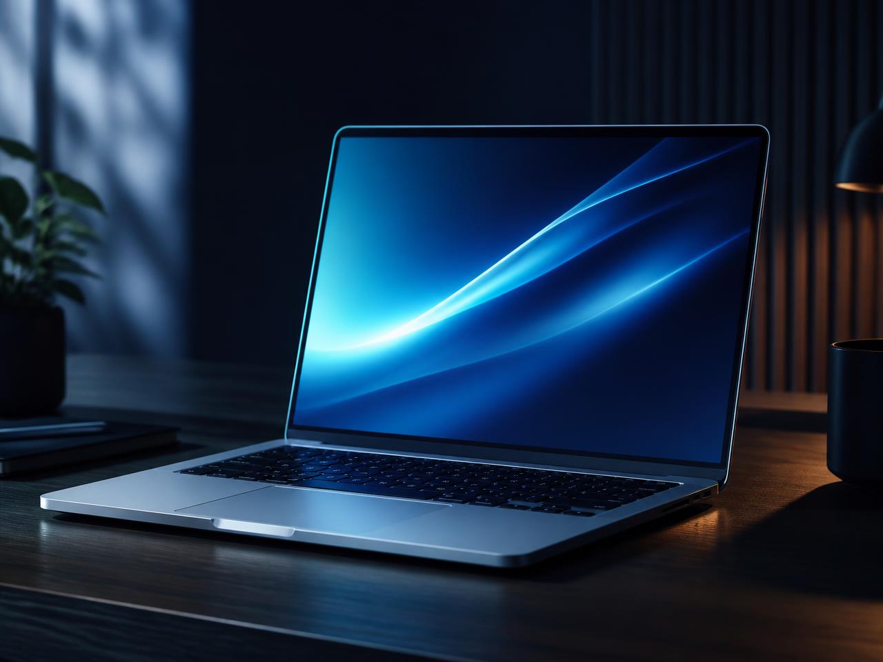 A laptop on a desk in a softly lit room, its screen glowing with blue and cyan light